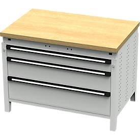 Otto Kind Breitfachwerkbank Typ 410, Buche Multiplexplatte, bis 1.200 kg, B 1152 x T 750 x H 850 mm, Stahl, Zentralverschluss, lichtgrau/lichtgrau