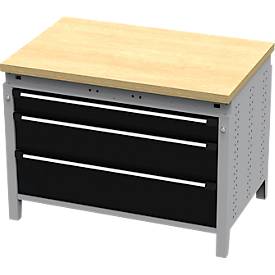 Otto Kind Breitfachwerkbank Typ 410, Buche Multiplexplatte, bis 1.200 kg, B 1152 x T 750 x H 850 mm, Stahl, Zentralverschluss, weißaluminium/tiefschwarz