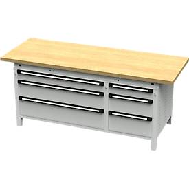 Otto Kind Breitfachwerkbank Typ 425, Buche Multiplexplatte, überstehend, bis 1400 kg, B 2004 x T 750 x H 850 mm, Stahl, Zentralverschluss, lichtgrau/lichtgrau