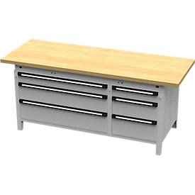 Otto Kind Breitfachwerkbank Typ 425, Buche Multiplexplatte, überstehend, bis 1400 kg, B 2004 x T 750 x H 850 mm, Stahl, Zentralverschluss, weißaluminium/weißaluminium