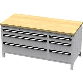 Otto Kind Breitfachwerkbank Typ 430, Buche Multiplexplatte, bündig, bis 1400 kg, B 1697 x T 750 x H 850 mm, Stahl, Zentralverschluss, weißaluminium/weißaluminium