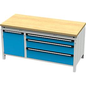 Otto Kind Breitfachwerkbank Typ 440, Buche Multiplexplatte, bündig, bis 1400 kg, B 1697 x T 750 x H 850 mm, Stahl, Zentralverschluss, lichtgrau/lichtblau