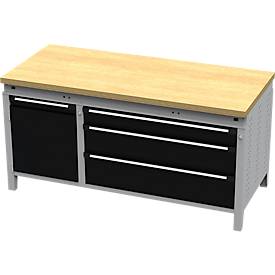 Otto Kind Breitfachwerkbank Typ 440, Buche Multiplexplatte, bündig, bis 1400 kg, B 1697 x T 750 x H 850 mm, Stahl, Zentralverschluss, weißaluminium/tiefschwarz