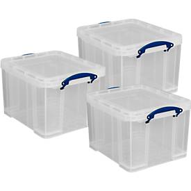 Pack économique Really Useful Boxes, 3 pièces de 35 L ch., poignée refermable, avec couvercle, empilable, polypropylène, transparent