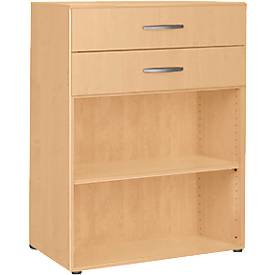 PALENQUE combi-boekenkast, 3 OH, 2 open vakken + 2 laden, B 800 x D 400 x 1104 mm, beukendecor