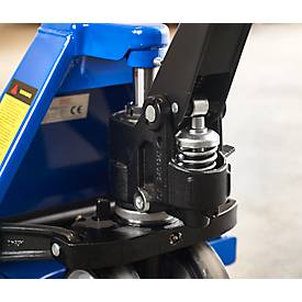 Palettenhubwagen, manuell, Gummi-Lenkrollen, Nylon-Tandemrollen, 1150 mm Gabellänge, bis 2500 kg, blau