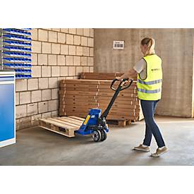 Palettenhubwagen, manuell, Gummi-Lenkrollen, Nylon-Tandemrollen, 1150 mm Gabellänge, bis 2500 kg, blau