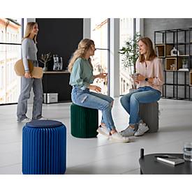 Paperflow faltbarer Sitzhocker, Wabenkarton, Sitzkissen aus Kunstleder, Ø 300 mm x H 420 mm, bis 300 kg, blau