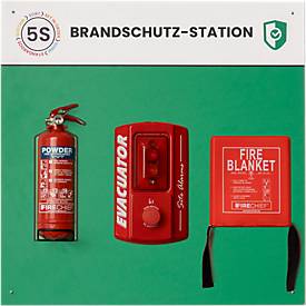 Paperflow Shadowboard „Brandschutz-Station“, Wandmontage, für 1 Feuerlöscher/1 Brandschutzdecke/1 Brandalarm, erweiterbar, B 750 x H 750 mm, grün