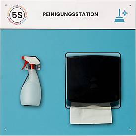 Paperflow Shadowboard „Feuchtreinigungs-Station“, Wandmontage, für 1 Reinigungsflasche/1 Papierhandtuch-Spender, erweiterbar, B 750 x H 750 mm, blau