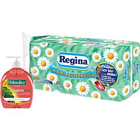 Papier toilette Regina, 3 épaisseurs, 150 feuilles par rouleau, 16 rouleaux + 1 + gel lavant Hygiene Plus Palmolive GRATUIT