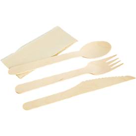 Papstar Besteckset Pure, bestehend aus 1 x Messer/1 x Gabel/1 x Löffel/1 x Serviette, FSC®-Holz, naturfarben, 50 Sets in Papierbeuteln