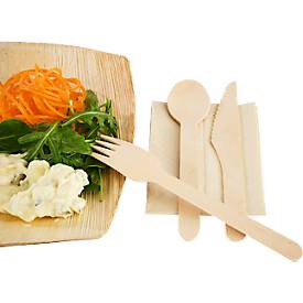 Papstar Besteckset Pure, bestehend aus 1 x Messer/1 x Gabel/1 x Löffel/1 x Serviette, FSC®-Holz, naturfarben, 50 Sets in Papierbeuteln