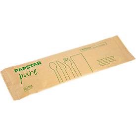 Papstar Besteckset Pure, bestehend aus 1 x Messer/1 x Gabel/1 x Löffel/1 x Serviette, FSC®-Holz, naturfarben, 50 Sets in Papierbeuteln