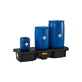 PE-Auffangwanne CEMO 220/3, mit 3 PE-Gitterrosten, B 1860 x T 660 x H 330 mm, 215 l, für 3 x 200 l Fässer, bis 900 kg