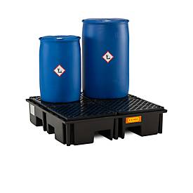PE-Auffangwanne CEMO 220/4, mit 4 PE-Gitterrosten, B 1230 x T 1230 x H 290 mm, 220 l, für 4 x 200 l Fässer, bis 1200 kg