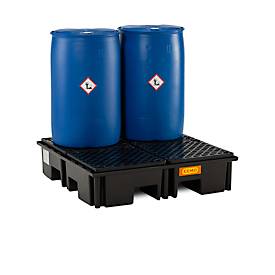 PE-Auffangwanne CEMO 220/4, mit 4 PE-Gitterrosten, B 1230 x T 1230 x H 290 mm, 220 l, für 4 x 200 l Fässer, bis 1200 kg