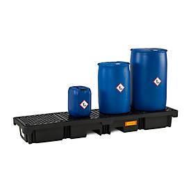 PE-Auffangwanne CEMO 220/4e, mit 4 PE-Gitterrosten, B 2450 x T 660 x H 260 mm, 215 l, für 4 x 200 l Fässer, bis 1200 kg
