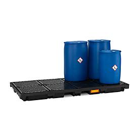 PE-Auffangwanne CEMO 270/8, mit 8 PE-Gitterrosten, B 2480 x T 1280 x H 180 mm, 270 l, für 8 x 200 l Fässer, bis 2400 kg