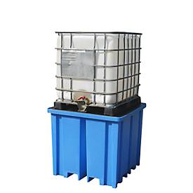 PE-Auffangwanne, für 1 IBC/KTC Tank oder bis zu 4 Fässer, 1100 l, 4-seitig unterfahrbar, abnehmbarer Rost, blau