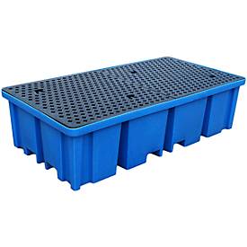 PE-Auffangwanne, für 2 IBC/KTC Tanks oder bis zu 8 Fässer, 1100 l, 4-seitig unterfahrbar, abnehmbarer Rost, blau