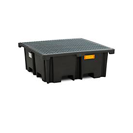 PE-Palettenauffangwanne CEMO 400/4 für 1 Industriepalette, L 1290 x B 1290 x H 480 mm, 400 l, für 4 x 200 l Fässer, Stahl-Gitterrost