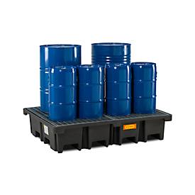 PE-Palettenauffangwanne CEMO 425/4 für 2 Europaletten quer, L 1670 x B 1270 x H 360 mm, 425 l, für 4 x 200 l Fässer, Stahl-Gitterrost