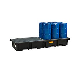 PE-Palettenauffangwanne CEMO 425/4e für 2 Europaletten längs, L 2420 x B 880 x H 360 mm, 425 l, für 4 x 200 l Fässer, Stahl-Gitterrost