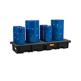 PE-Palettenauffangwanne CEMO 425/4e für 2 Europaletten längs, L 2420 x B 880 x H 360 mm, 425 l, für 4 x 200 l Fässer, Stahl-Gitterrost