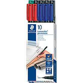 Permanentmarker Staedtler Lumocolor® 318, Strichstärke F, wisch- & wasserfest, schnell trocknend, nachfüllbar, mit Clip, farbsortiert, 10 Stück