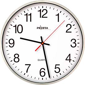 PEWETA Quarzwanduhr mit geräuschlosem Uhrwerk Ø 250 mm, silberfarbenes Kunststoffgehäuse, 1,5 V Batteriebetrieb