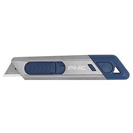 PHC Sicherheitsmesser Metti™ MD, für Links-/Rechtshänder, Auto-Klingenrückzug, 2 wählbare Schnitttiefen, metalldetektierbar, Umhängeöse, blau-silber