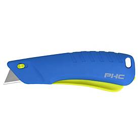 PHC Sicherheitsmesser Rebel™, für Links-/Rechtshänder, Auto-Klingenrückzug, Umhängeöse, Klinge wechselbar, Kunststoff, blau-gelb