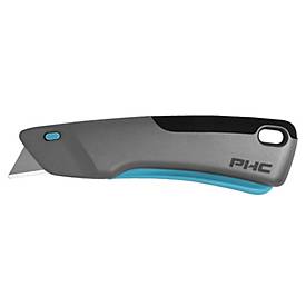 PHC Sicherheitsmesser Victa™, Auto-Klingenrückzug, rutschfester Griff, Klinge wechselbar, Umhängeöse, Metall, blau-silber