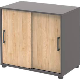 Placard d'appoint TEMPIO, en bois, 2 portes coulissantes, 2 OH, L 800 x P 430 x H 740 mm, anthracite/chêne caryer