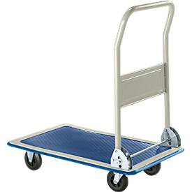 Plattformwagen AM80, klappbarer Schiebebügel, Antirutsch-Belag, Lenk- & Bockrollen, bis 80 kg, L 725 x B 465 x H 810 mm, grau-blau