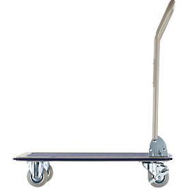 Plattformwagen, um 90° klappbarer Schiebegriff, mit Feststellern, bis 150 kg, L 740 x B 480 x H 860 mm, Stahl, grau