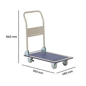 Plattformwagen, um 90° klappbarer Schiebegriff, mit Feststellern, bis 150 kg, L 740 x B 480 x H 860 mm, Stahl, grau