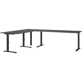 Porto hoekbureau, mechanisch in hoogte verstelbaar, C-poot, incl. aanbouwtafel met steunpoot, B 1200/1800 x D 2200 x H 680-910 mm, grafiet/zwart