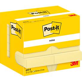 POST-IT Haftnotizen 653, 51 x 38 mm, selbsthaftend, wiederablösbar, cellophanfrei verpackt, 12 x 100 Blatt, gelb