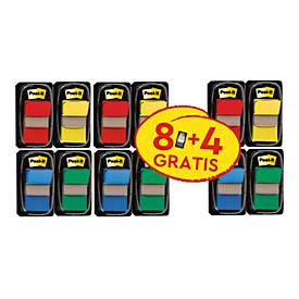 Post-it® Index Haftstreifen 680-P12, ablösbar, B 25,4 x T 43,2 mm, farbig, 8 + 4 Spender gratis, 50 Haftstreifen/Spender