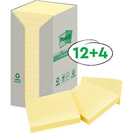 Post-it® Recycling Notes 654-1T, B 76 x H 76 mm, 100 % Recycling-Papier, gelb, 16 Blöcke á 100 Blatt