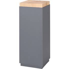 Präsentationssäule, 1 Fachboden, bis 30 kg, T 350 x H 1190 mm, Hirnholz-Eiche/Plexiglas, grau-matt