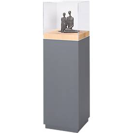 Präsentationssäule, 1 Fachboden, bis 30 kg, T 350 x H 1190 mm, Hirnholz-Eiche/Plexiglas, grau-matt