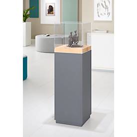 Präsentationssäule, 1 Fachboden, bis 30 kg, T 350 x H 1190 mm, Hirnholz-Eiche/Plexiglas, grau-matt
