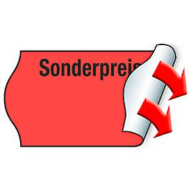 Preisetiketten METO®, für 1-zeilige Preisauszeichner, Aufdruck „Sonderpreis“, permanenthaftend, Wellenrand, FSC®-Papier, rot, 6 Rollen mit 1000 Stück