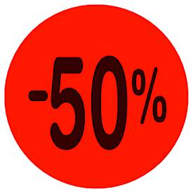 Preisetiketten METO®, für die händische Preisauszeichnung, Aufdruck „-50 %“, permanenthaftend, rund, Ø 40 mm, FSC®-Papier, rot, 1 Rolle mit 1000 Stück