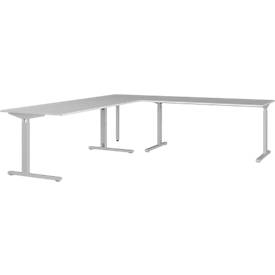 Profi 2.0 hoekbureau, mechanisch in hoogte verstelbaar, C-poot, incl. aanbouwtafel met steunpoot, B 2400 x D 2600 x H 700-800 mm, zilver/lichtgrijs