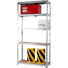 Profi-Steckregal, Stahlblech verzinkt, 5 Holz-Fachböden, höhenverstellbar, B 900 x T 300 x H 1800