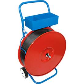 Profi-Umreifungsset, mit Abrollwagen lackiert, Akku-Umreifungsgerät BW-ECO-Plus & KU Polyesterband, L 2000 m x B 15,5 mm, Stärke 0,65 mm, geprägt, grün